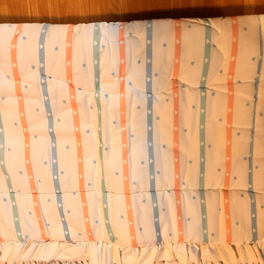 Vintage Teddy Bear Baby Crib Comforter Quilt 49x38 Pastel Ruffle Reversible